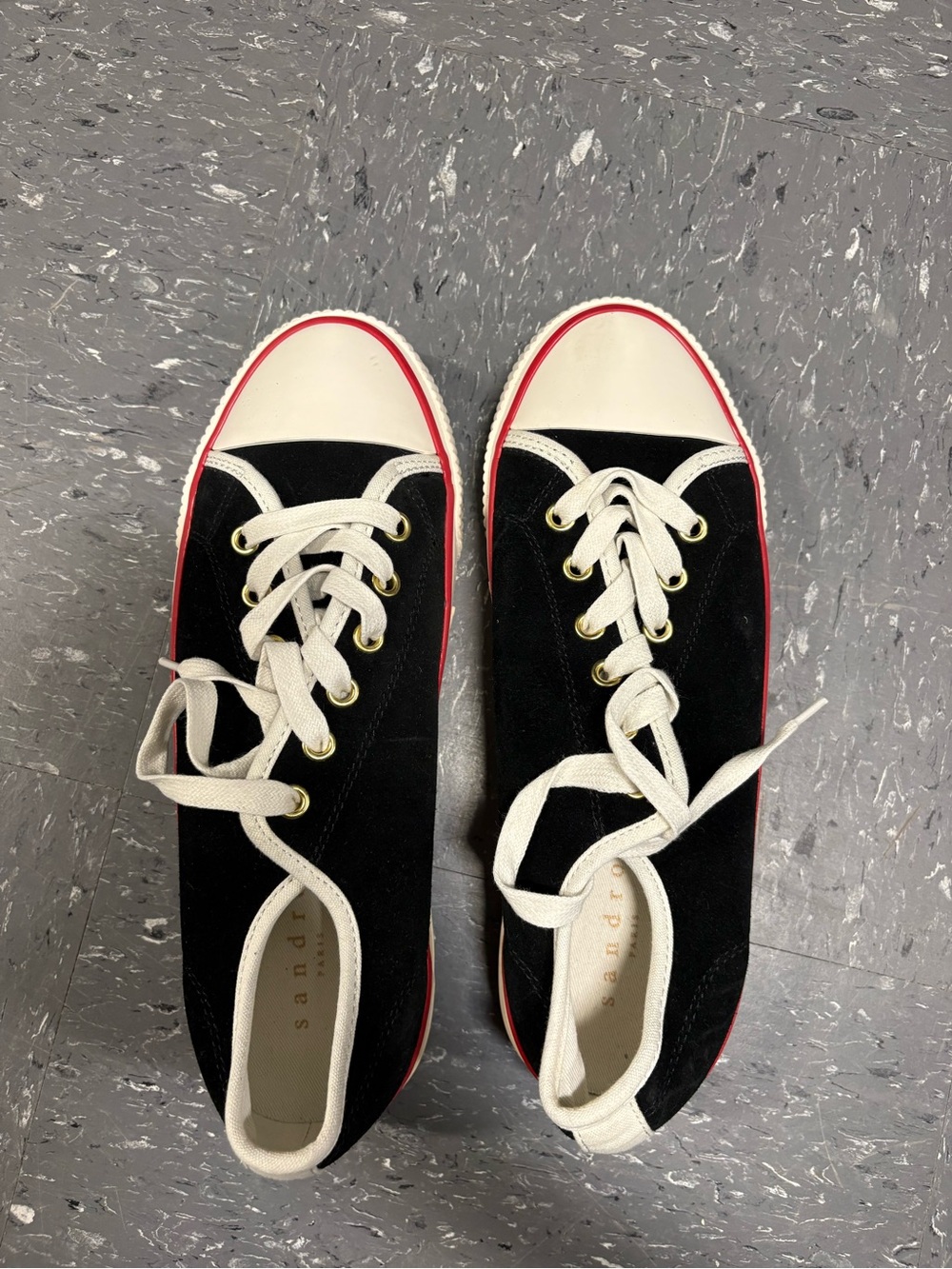Sandro Black Low-Top Sneakers with White Trim and Red Stripe - Picture 6 of 8